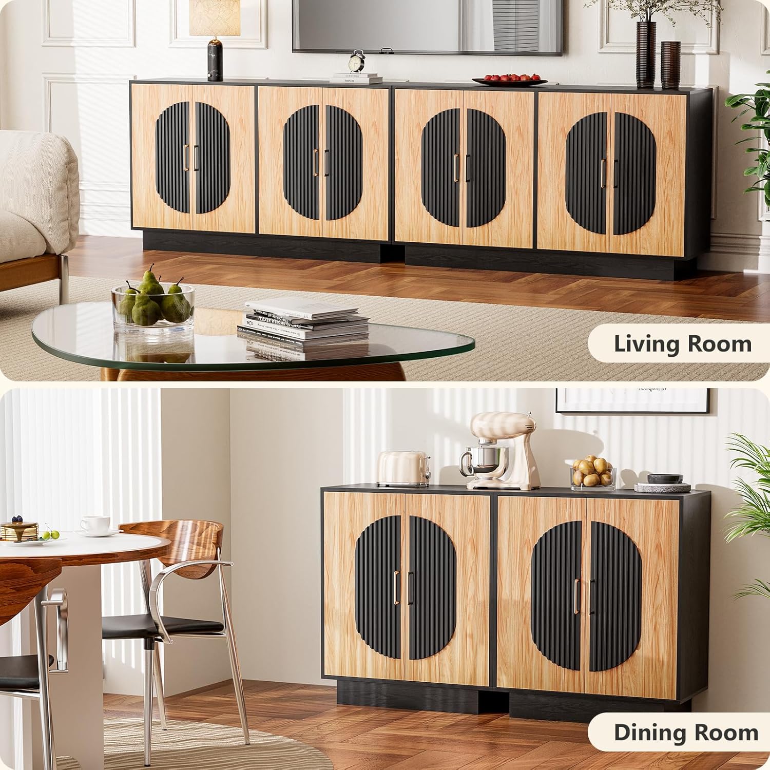 29" Fluted Modular Buffet Cabinet with Arched Doors & Gold Handles, Mid Century Modern Sideboard Credenza Storage with Adjustable Shelves, Wood Coffee Bar Console Table for Dining Living Room