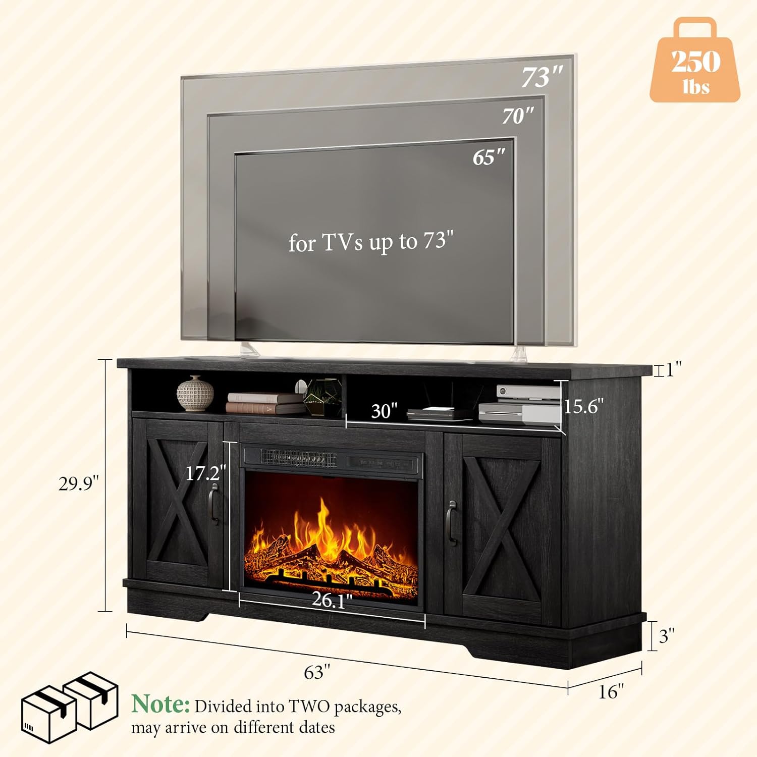 AMERLIFE 63" Farmhouse TV Stand with 26" Fireplace, for TVs up to 73", Entertainment Center with Adjustable Shelf & Barn Doors, TV Console Cabinet for Living Room, Antique Black & Oak