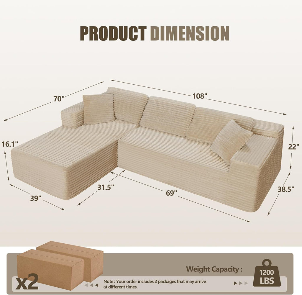 Bashaw 108" Cloud Sectional Couch Sofa with L-Shape Chaise, Modern Modular Sofa Couch Upholstered Couches for Living Room Bedroom, No Assembly Required (Beige, L Shape)