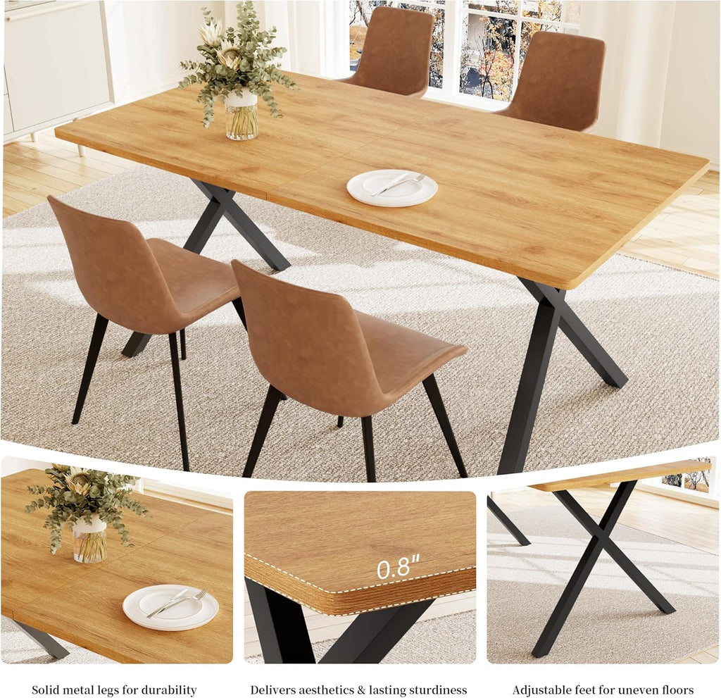 HIPIHOM 5-Piece Dining Table Set for 4-6 People, 63" MDF Kitchen Table with 4 Upholstered Chairs, Metal Legs for Dining Room, Kitchen(Oak Table+4 Brown Chairs)