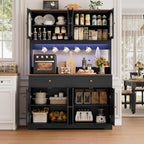 HIFIT 71" LED Kitchen Pantry Cabinet with Power Outlet, Large Kitchen Hutch Storage Cabinet with Arched Door & Shelves & 2 Drawers, Tall Farmhouse Coffee Bar w/Hutch for Home Dining Living Room, Black