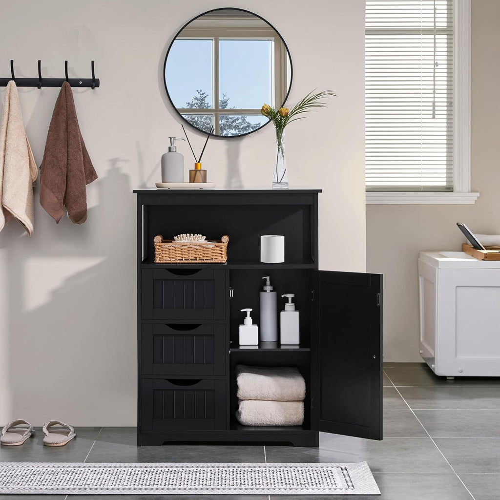 Yaheetech Bathroom Storage Cabinet Bathroom Floor Cabinet Freestanding Organizer and Storage with Door, 3 Drawers, Adjustable Shelf, 35.5 Inches Height, Black Cabinet