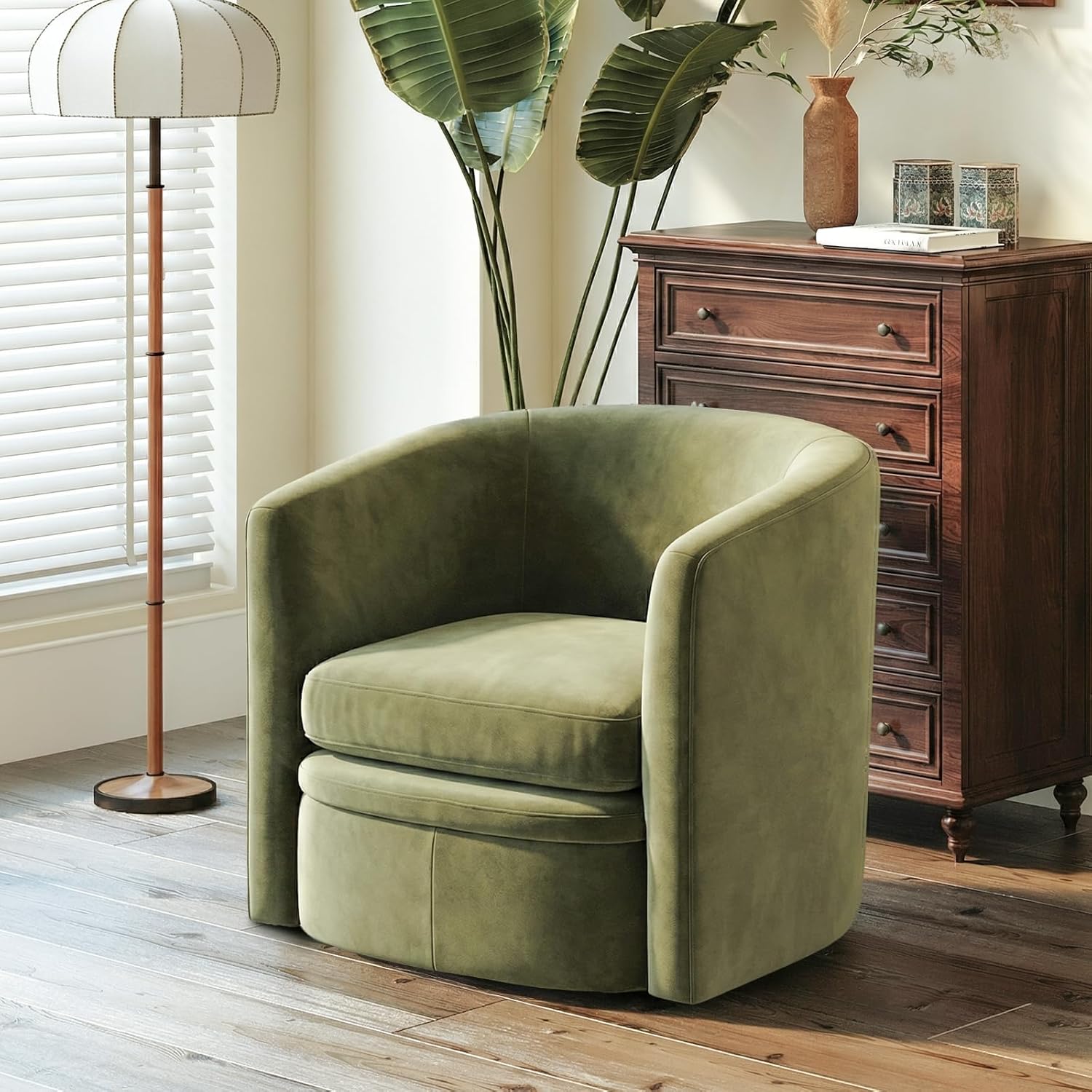 COLAMY Velvet Morden Living Room Chair with Storage Ottoman, Barrel Accent Chair with Lounge Seat for Bedroom/Reading Spaces, Green, Rubberwood, Sponge Foam, Velvet