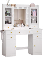 Vanity Desk with Mirror and Lights, 43" White Makeup Vanity Set with 5 Drawers & Glass Cabinets, Makeup Tray, Power Outlet & Adjustable LED Lights, Dressing Table for Women & Girls Bedroom