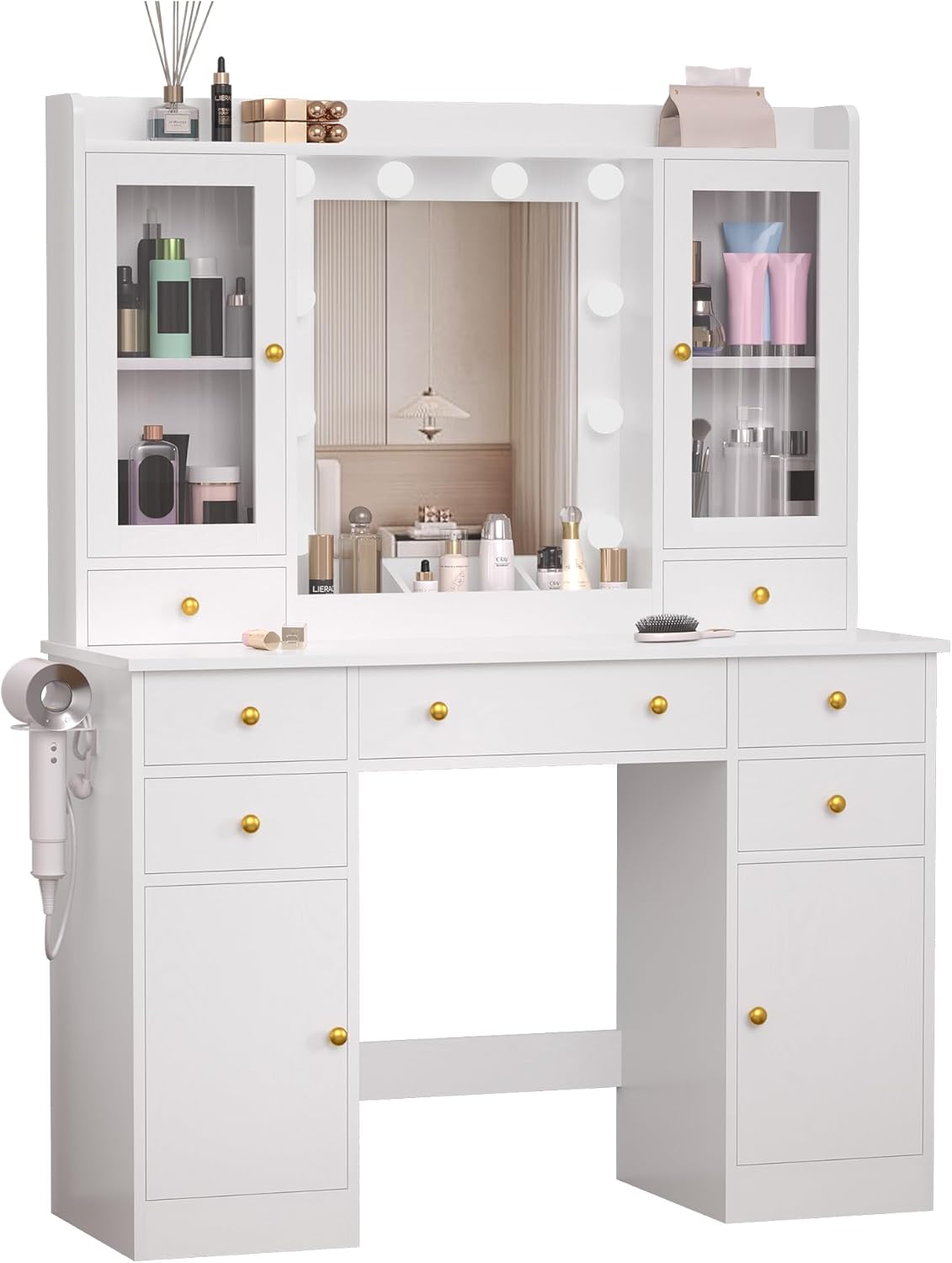 Vanity Desk with Mirror and Lights, 43" White Makeup Vanity Set with 5 Drawers & Glass Cabinets, Makeup Tray, Power Outlet & Adjustable LED Lights, Dressing Table for Women & Girls Bedroom
