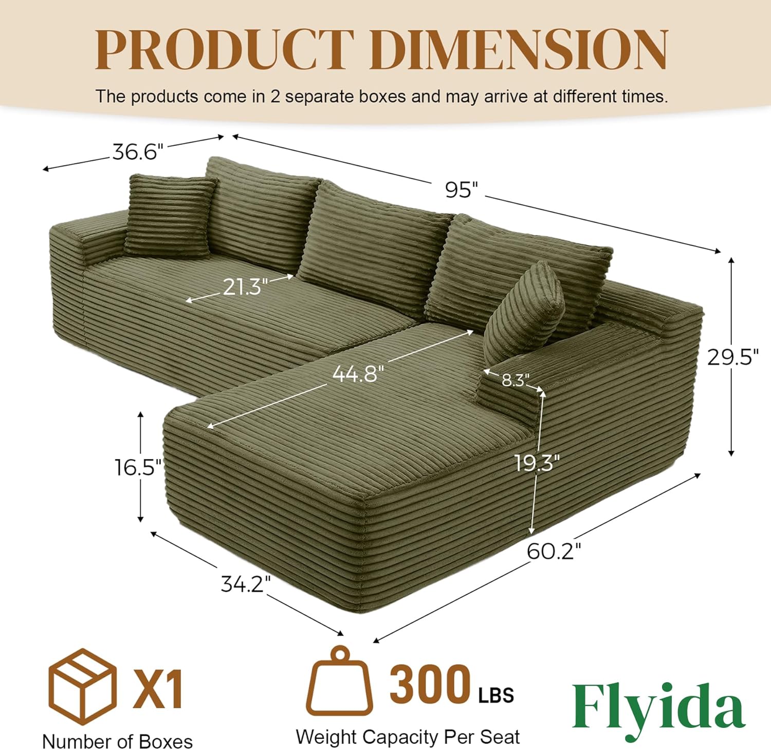 95" Boneless Cloud Sectional Couches for Living Room, Comfy Fluffy L Shaped Memory Foam Deep Seat Boneless Couch, Modular Sectional Sofa with Right Facing Chaise, Olive Green