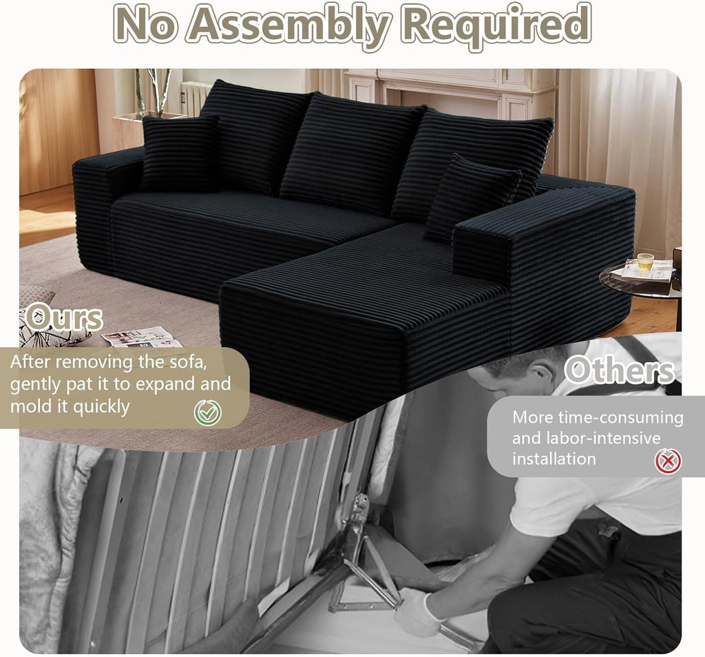 107" Modular Sectional Couches for Living Room, Comfy Boneless L Shaped Cloud Couch with Chaise Lounge, Modern Cozy Corduroy Deep Seat Floor Sofa, Memory Foam, No Assembly Required, Black