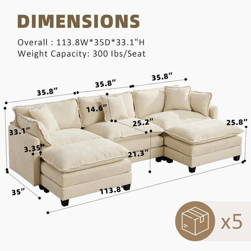 111.5” Modular Sectional Sofa L-Shaped Convertible Couches, 3 Seater Chenille Deep Seat Sleeper Cloud Couch with Pillows and 2 Ottomans for Living Room, Apartment, Office(Beige)