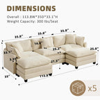 111.5” Modular Sectional Sofa L-Shaped Convertible Couches, 3 Seater Chenille Deep Seat Sleeper Cloud Couch with Pillows and 2 Ottomans for Living Room, Apartment, Office(Beige)