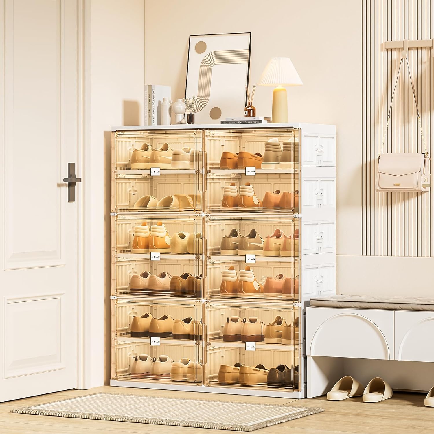 JEKO&JEKO 10-Tier Foldable Shoe Storage Box with Magnetic Doors, Large Stackable Shoe Organizer Cabinet for Entryway, Clear Front Door Shoe Boxes Hold Up to 40 Pairs (White)