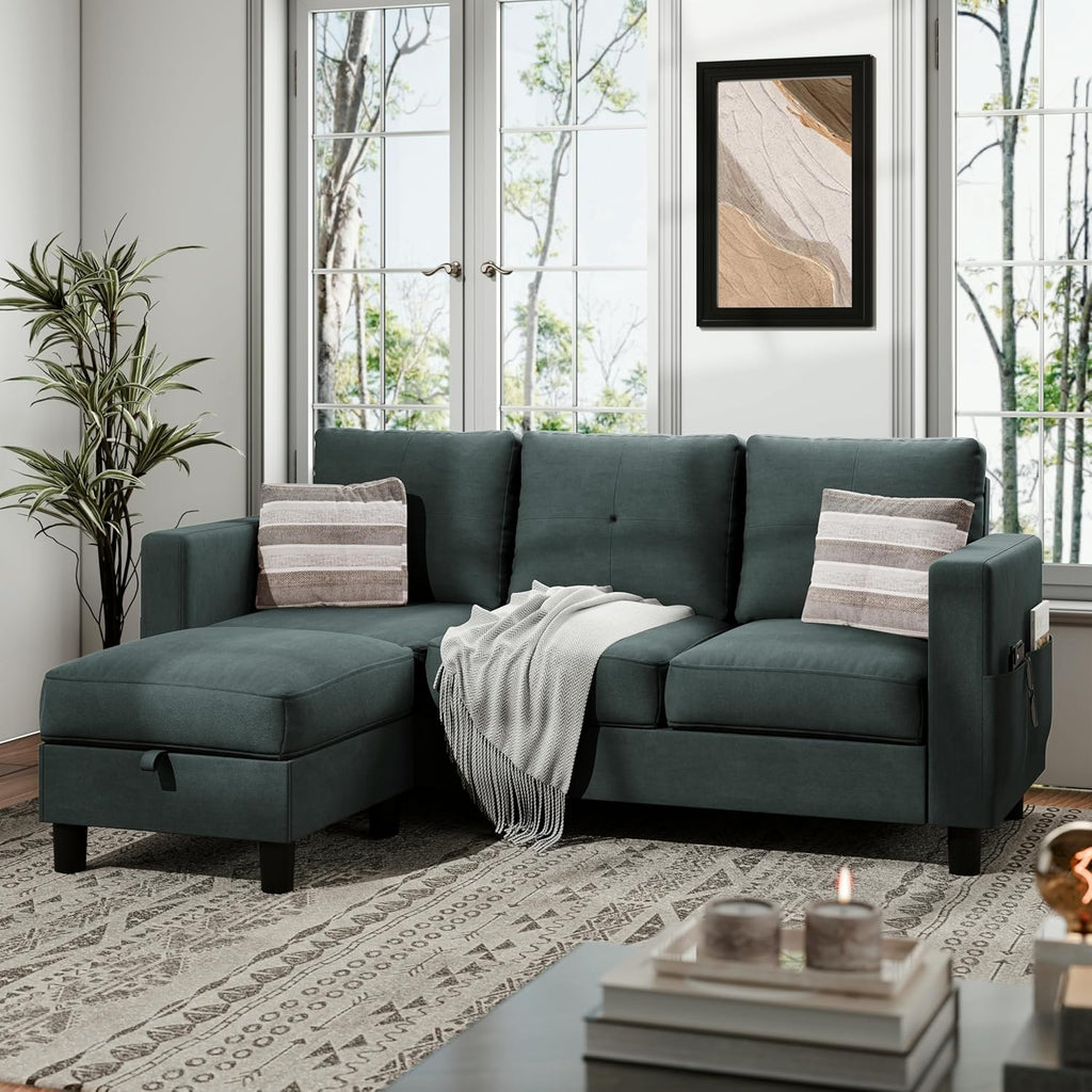 JAMFLY Convertible L-Shaped Sectional Sofa with Reversible Storage Ottoman, 3-Seat Modern Fabric Couch for Living Room, Small Space Apartment Sofa with Side Pockets & Firm Cushions, Grey Linen