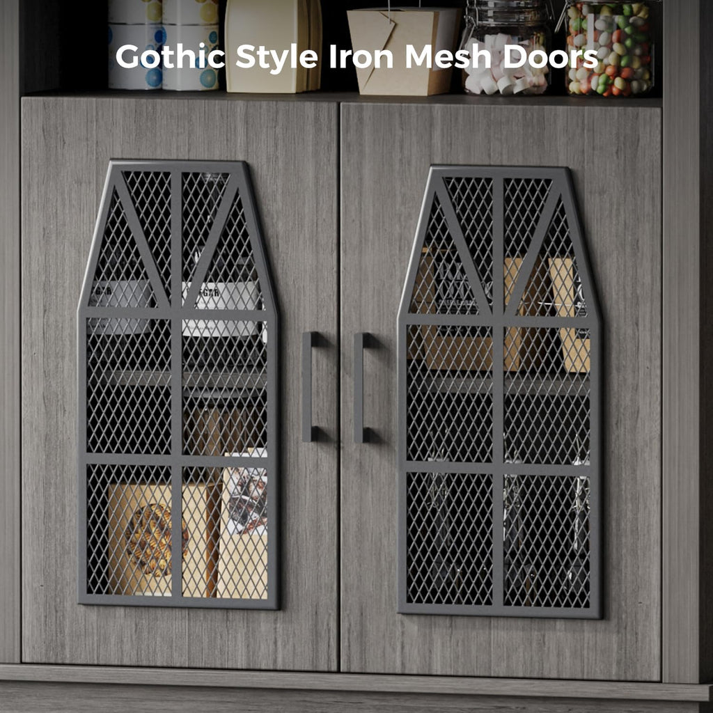 Farmhouse Storage Cabinet, Rustic Sideboard with Industrial Iron Mesh Door, Buffet Cabinet with Storage, Multipurpose Side End Table for Entryway, Dining Room, Kitchen, Black
