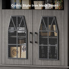 Farmhouse Storage Cabinet, Rustic Sideboard with Industrial Iron Mesh Door, Buffet Cabinet with Storage, Multipurpose Side End Table for Entryway, Dining Room, Kitchen, Black