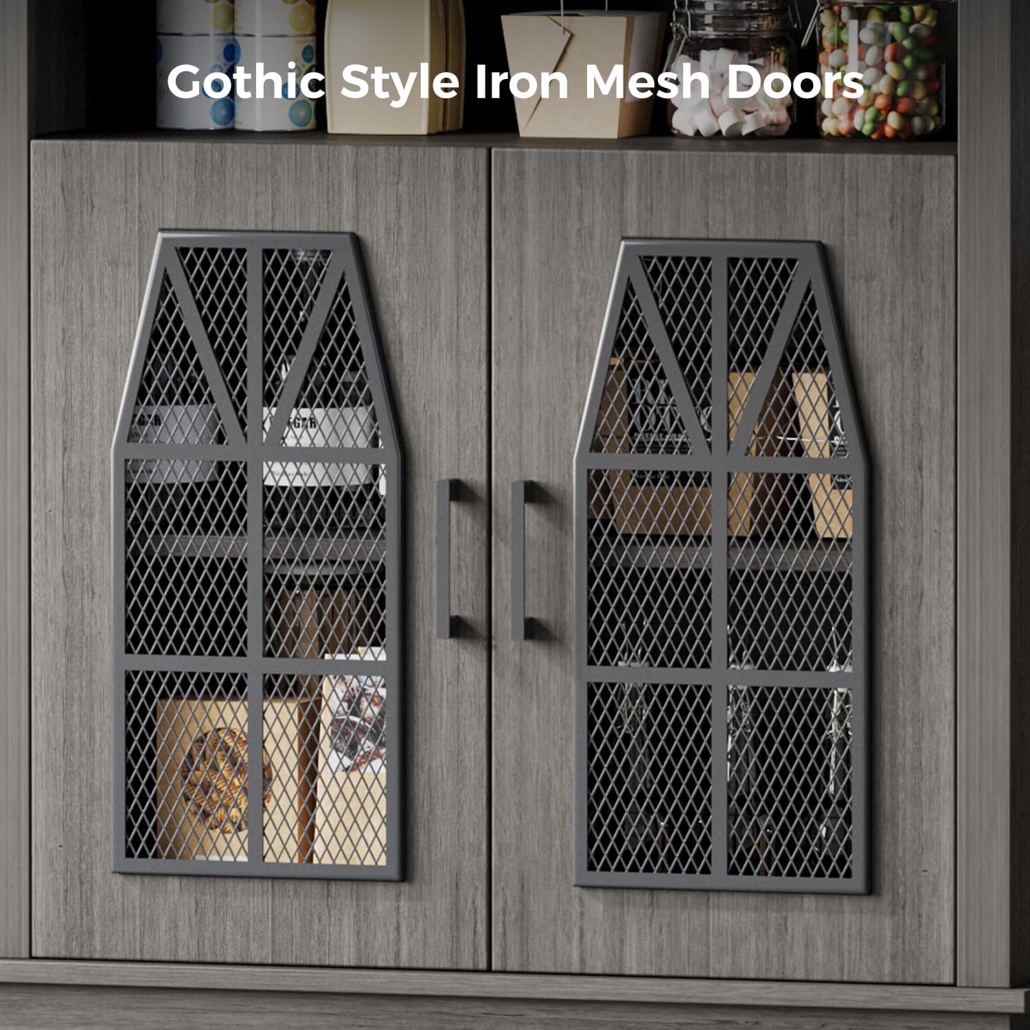 Farmhouse Storage Cabinet, Rustic Sideboard with Industrial Iron Mesh Door, Buffet Cabinet with Storage, Multipurpose Side End Table for Entryway, Dining Room, Kitchen, Black