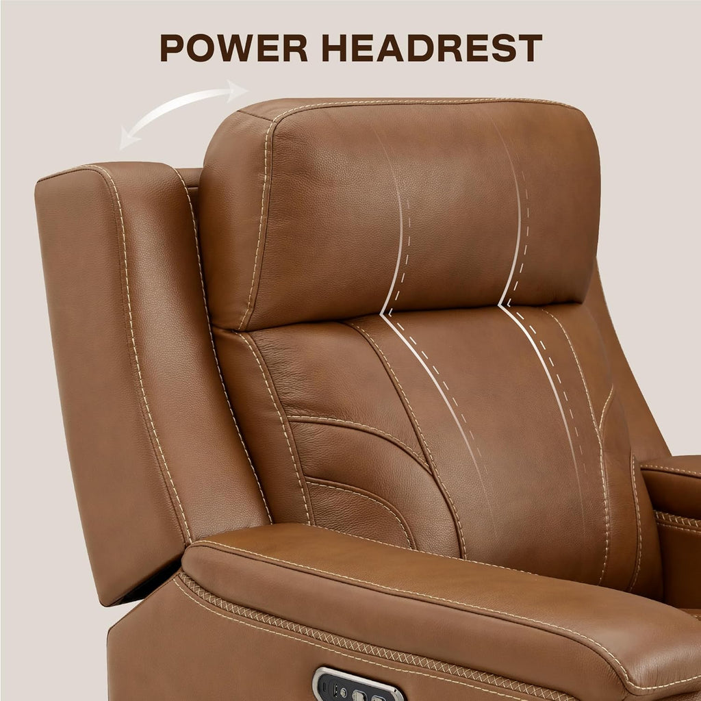 Watson & Whitely Oversized Lay Flat Recliner for Big and Tall, Genuine Leather Electric Recliner Chairs for Adults with Power Headrest & Chargers for Living Room, Saddle Brown