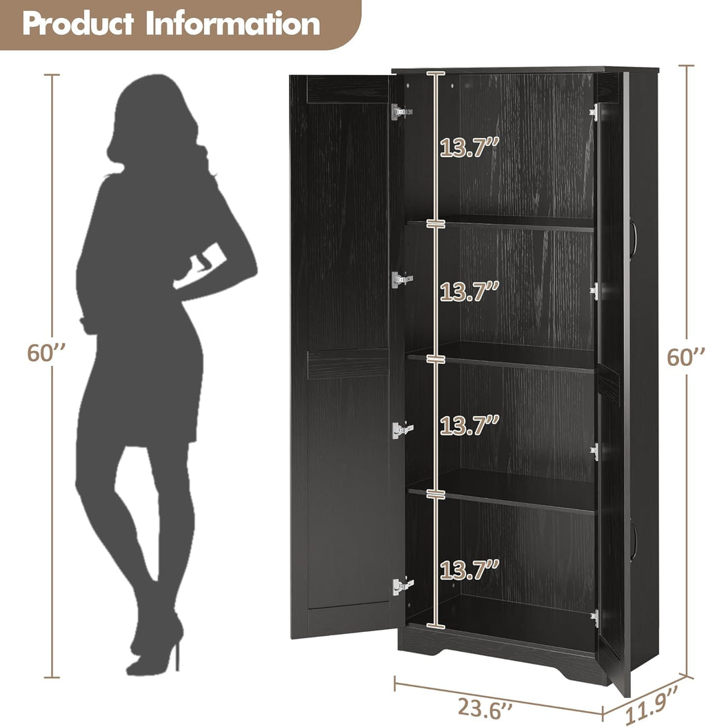 IDEALHOUSE Tall Pantry Cabinet, 60" Kitchen Pantry Storage Cabinet with 2 Doors and Adjustable Shelves, Freestanding Kitchen Cabinet, Cupboard for Dining Room, Bathroom, Antique Black