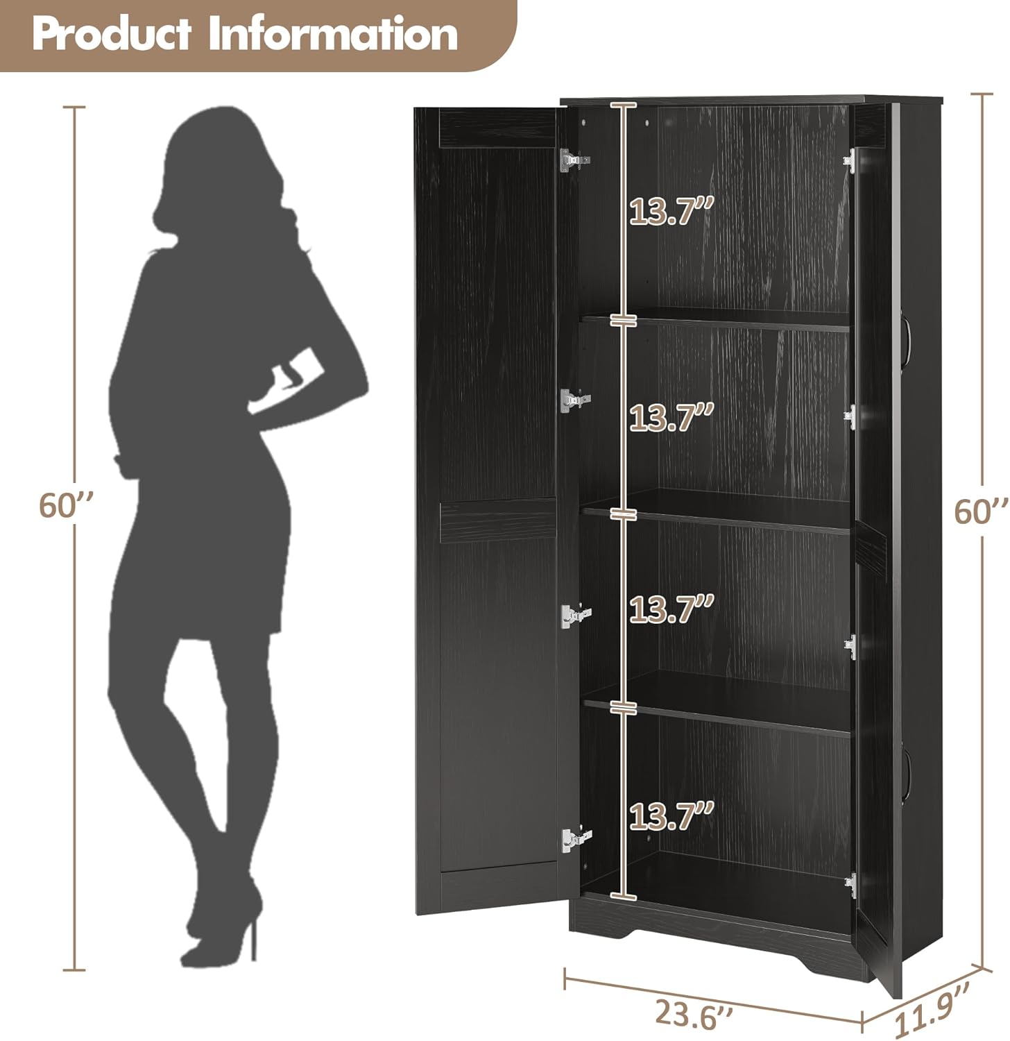 IDEALHOUSE Tall Pantry Cabinet, 60" Kitchen Pantry Storage Cabinet with 2 Doors and Adjustable Shelves, Freestanding Kitchen Cabinet, Cupboard for Dining Room, Bathroom, Antique Black