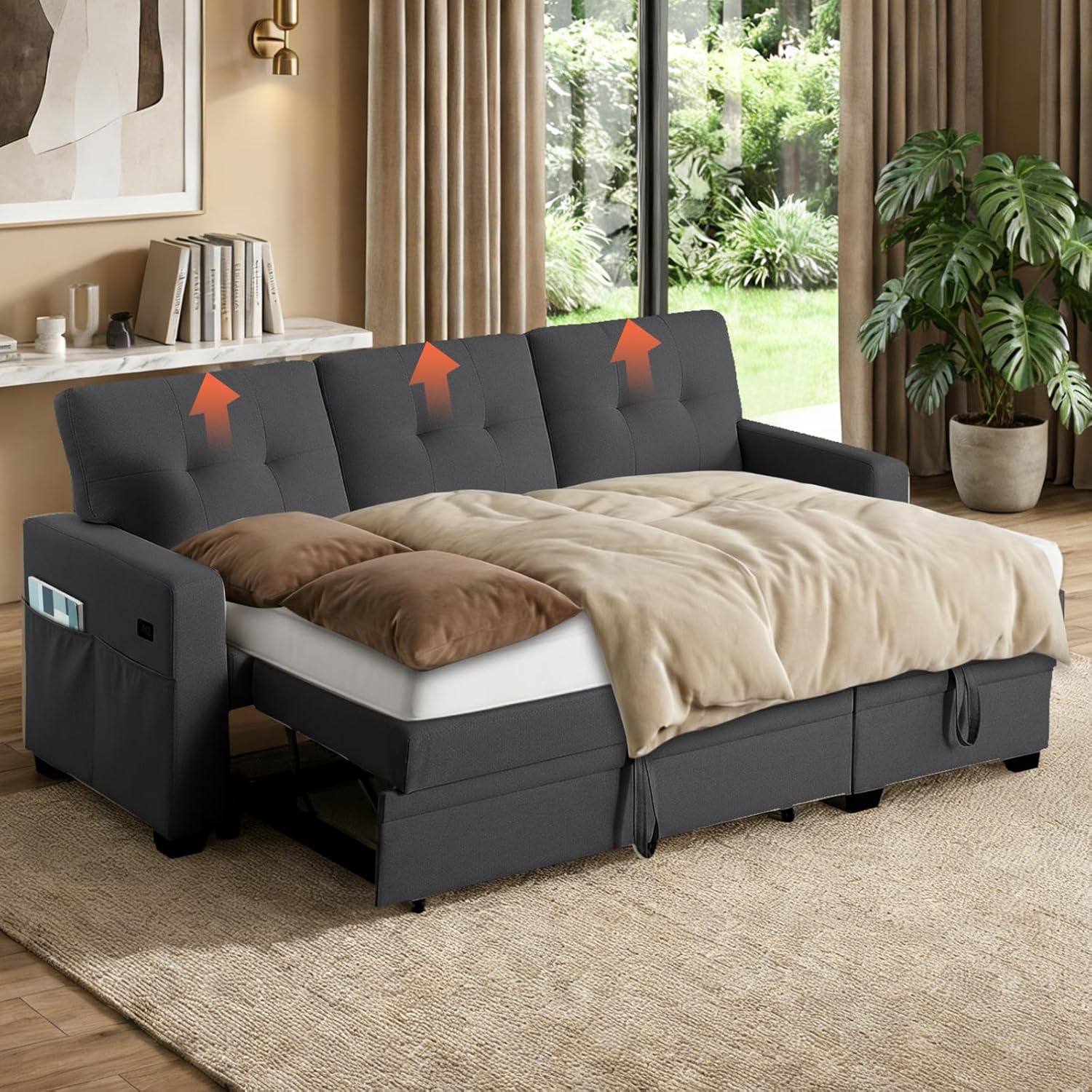 82" L Shaped Sleeper Sofa Bed: Sectional Sleeper Couch with Pull Out Bed, Storage Chaise, USB Charging, 3 Seat Sectional Sofa Bed for Living Room (Linen Fabric, Dark Grey)
