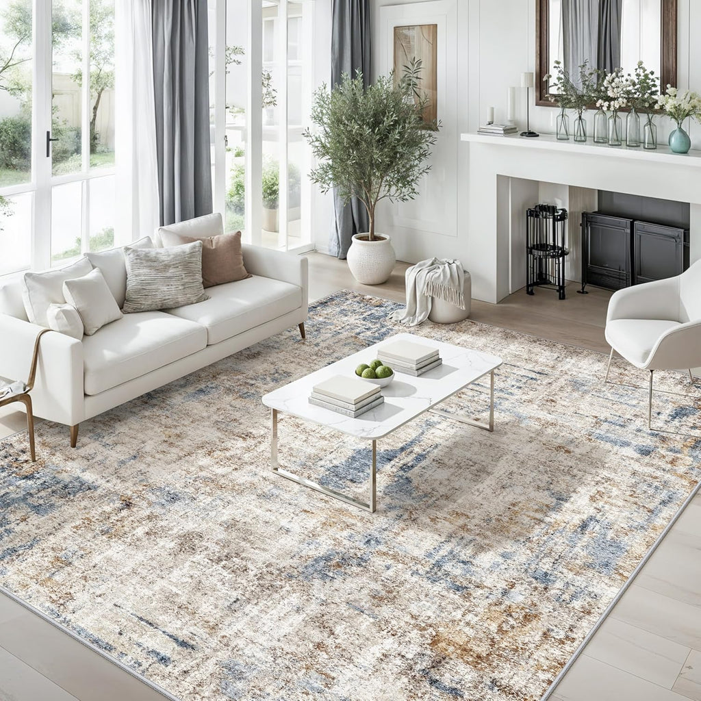12x18 ft Extra Large Living Room Rug – Washable Modern Abstract Neutral Oversize Rugs for Bedroom,Dining Room,Family Room – Non-Slip Low-Pile Thin Stain-Resistant Carpet（Blue Brown）