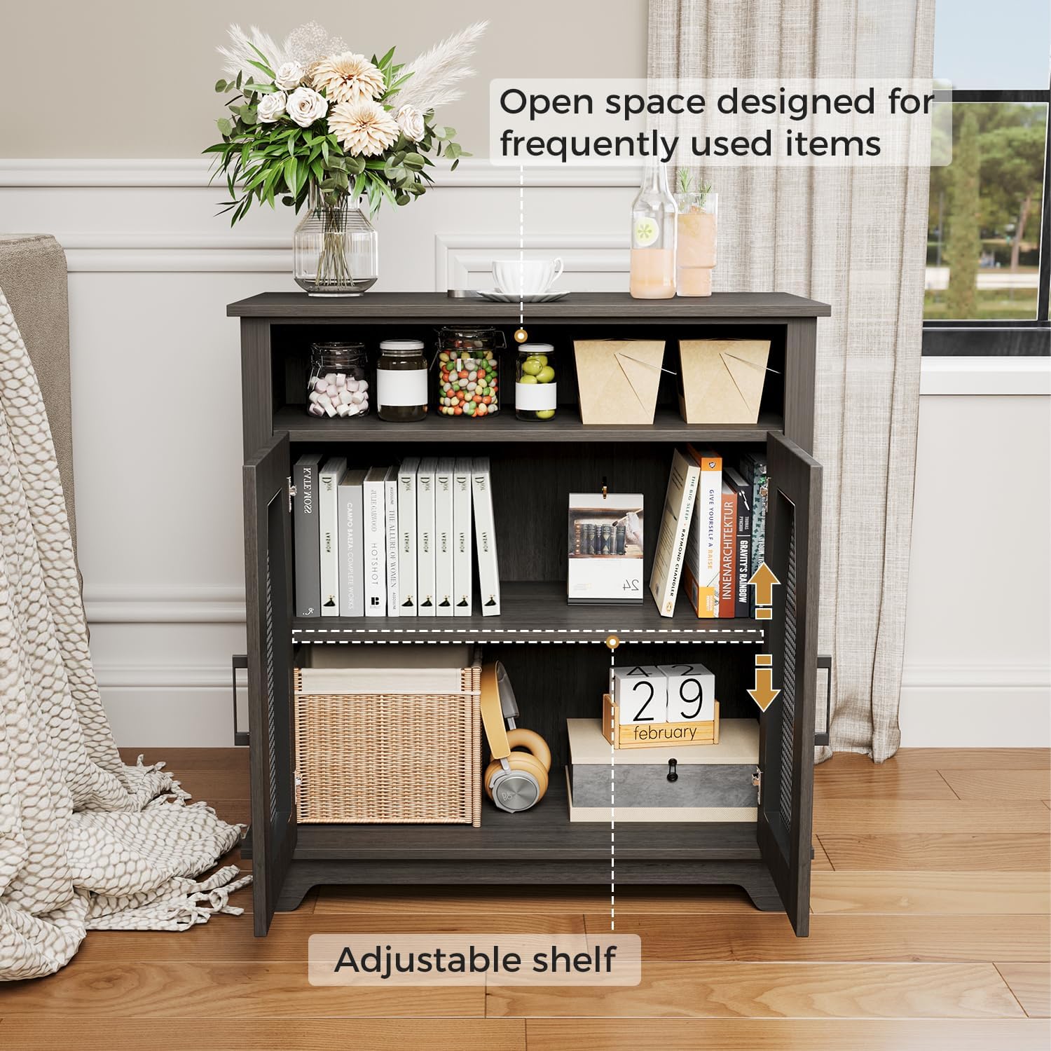 Farmhouse Storage Cabinet, Rustic Sideboard with Industrial Iron Mesh Door, Buffet Cabinet with Storage, Multipurpose Side End Table for Entryway, Dining Room, Kitchen, Black
