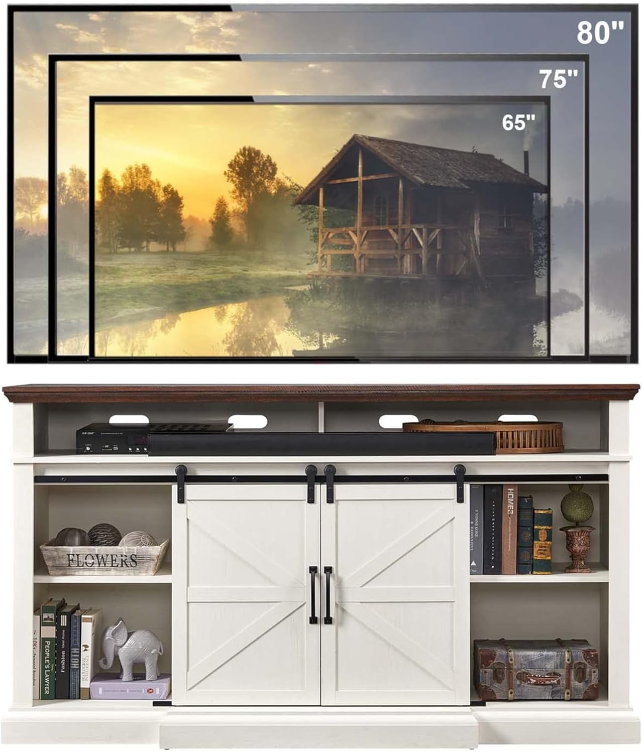 Farmhouse TV Stand for 80 Inch TVs, 37.4"Tall Entertainment Center w/Storage Cabinets and Sliding Barn Door, Media Console Cabinet w/Soundbar & Adjustable Shelves for Living Room, 70 inch (White)
