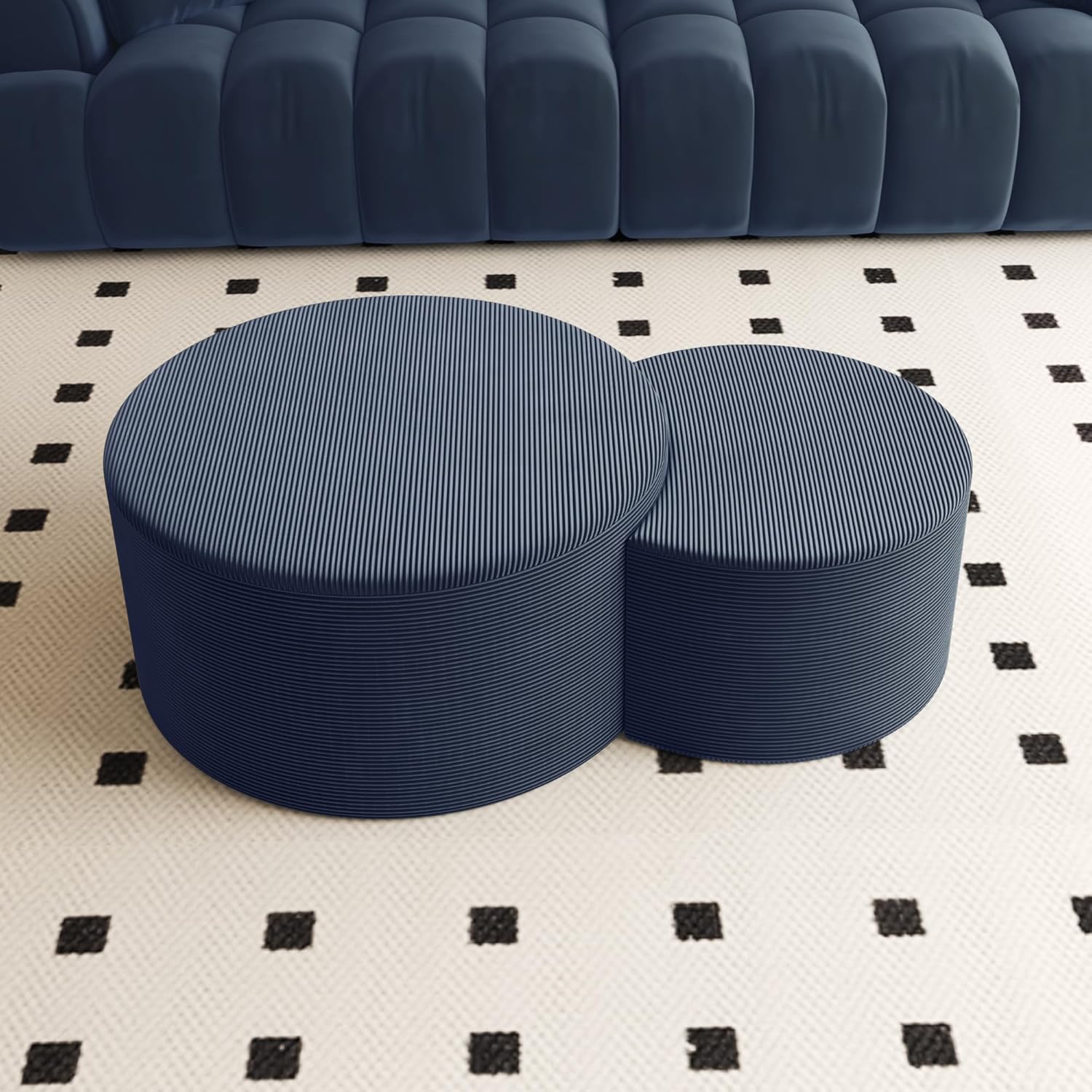 BSHOMGI Nesting Coffee Table Set of 2, Upholstered Round Corduroy Circle Foam Round Side Table for Living Room, Entryway Set, 32"+17" Footrest No Assembly (Blue, 32"+17")