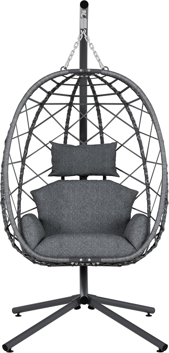 SWITTE Hanging Egg Chair with Stand, Outdoor Indoor Rattan Wicker Egg Swing Chair with Cushion, Heavy Duty Patio Hammock Chairs for Garden Backyard Balcony Bedroom, 400LBS Capacity, Dark Grey