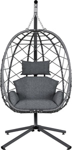 SWITTE Hanging Egg Chair with Stand, Outdoor Indoor Rattan Wicker Egg Swing Chair with Cushion, Heavy Duty Patio Hammock Chairs for Garden Backyard Balcony Bedroom, 400LBS Capacity, Dark Grey