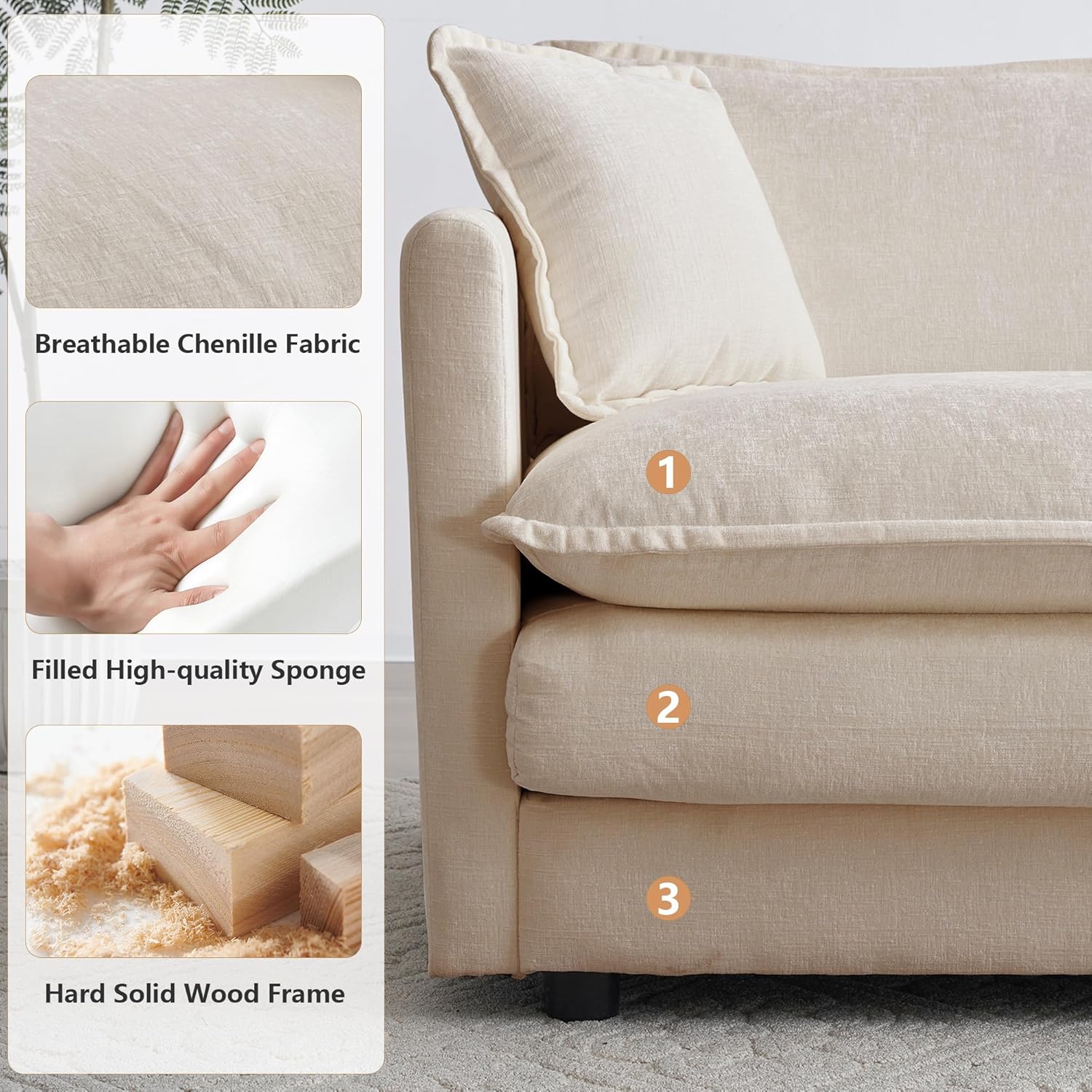 mikibama Luxury Loveseat Sofa Couch, 76" Modern Chenille Deep 2-Seater Cloud Couch with 2 Armrest Pillows and 2 Toss Pillows, Love Seat for Living Room Bedroom Office Apartment, Light Coffee