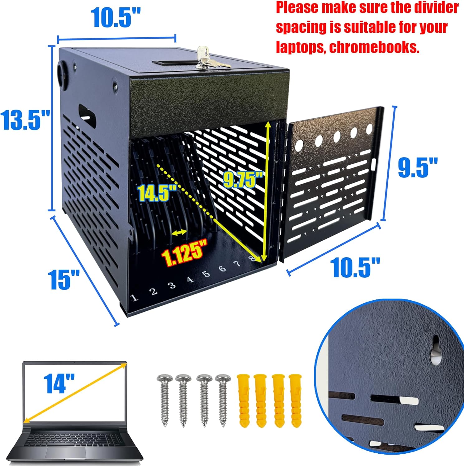 8-Device Tablet Charging Station  Lockable Steel Case Fits 14" Chromebooks  iPads  Laptops & Tablets  Secure Storage with 2 Keys  Ideal for Classrooms  Offices & Hospitals  Black