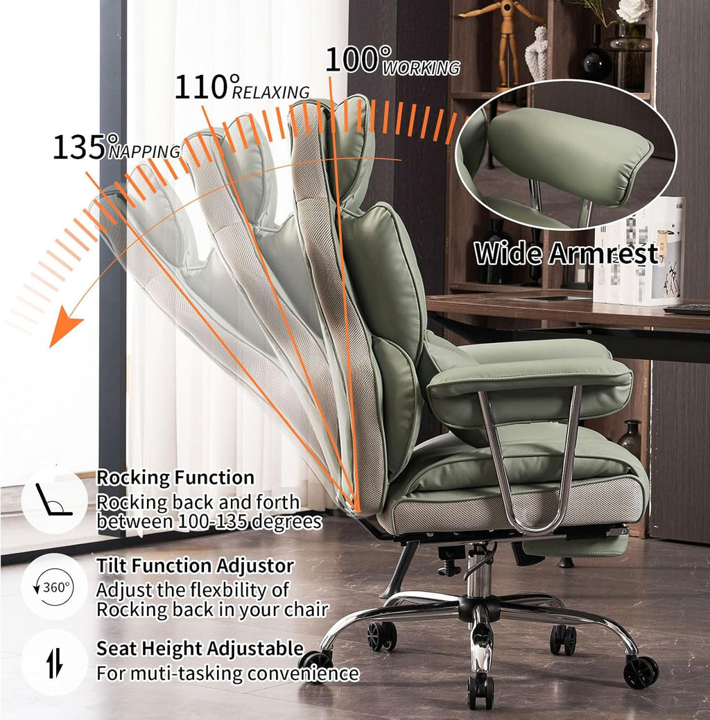 Efomao Big and Tall Office Chair 400lbs - Executive Office Chairs with Footrest, Heavy-Duty PU Leather Computer Chair for Heavy People, Light Green Home Office Desk Chairs