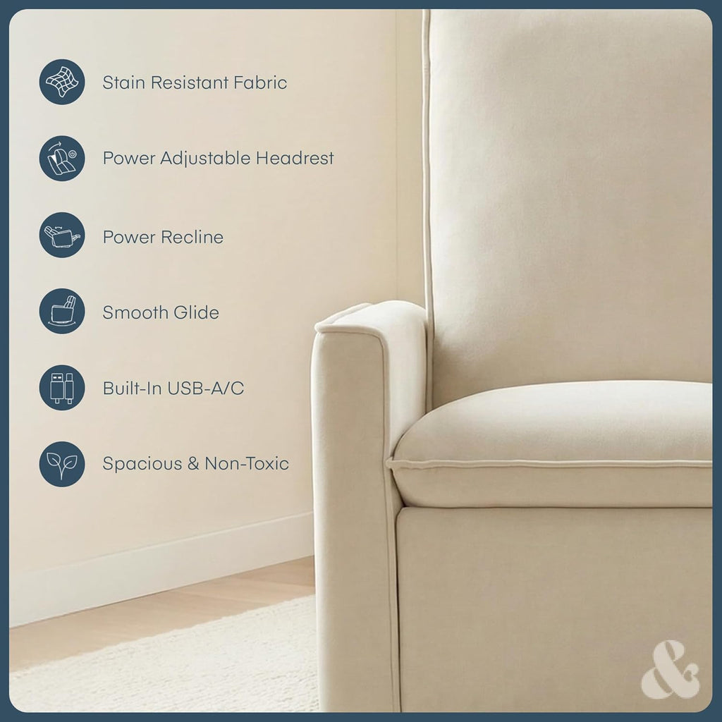 Nurture& Montauk Power Glider Recliner – Premium Nursery Recliner Chair with USB‑A/C, Adjustable Headrest & Gentle Glide, Stain‑Resistant Upholstery, Comfortable & Space‑Smart, Ivory