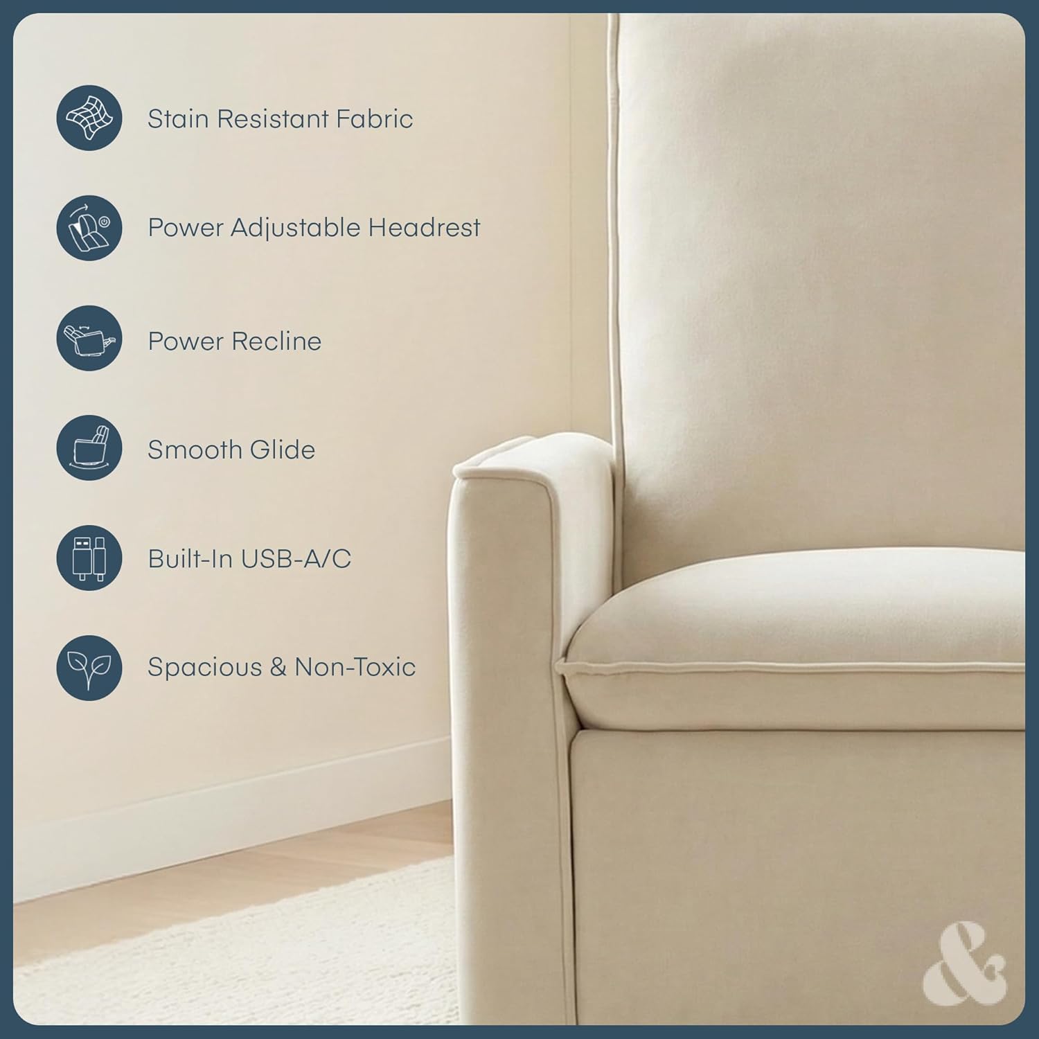 Nurture& Montauk Power Glider Recliner – Premium Nursery Recliner Chair with USB‑A/C, Adjustable Headrest & Gentle Glide, Stain‑Resistant Upholstery, Comfortable & Space‑Smart, Ivory
