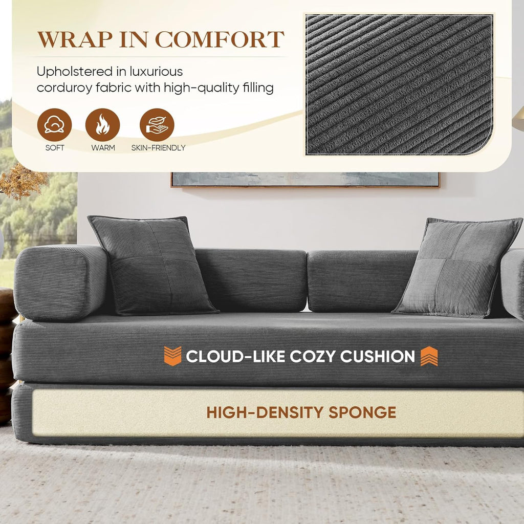 78" Convertible Futon Sofa Bed, 3-Seater Modern Corduroy Foam Floor King Size Bed Foldable Sleeper Lounge Loveseat Sofa Couch with 2 Throw Pillows for Living Room Bedroom Guest Room, Dark Grey