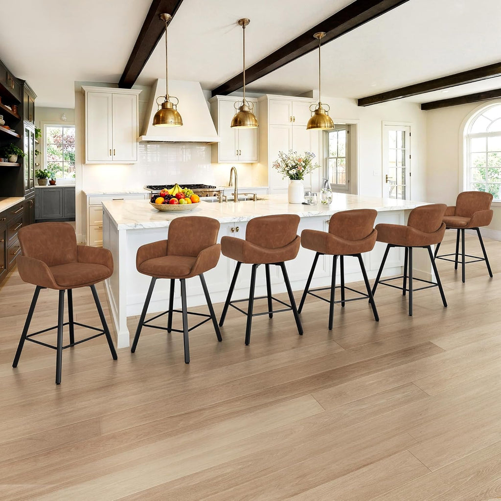 LUE BONA 26" Swivel Bar Stools Set of 6, Counter Height Bar Stools with Backrest and Arms, Modern Upholstered Barstools with Metal Legs for Kitchen Island, Brown
