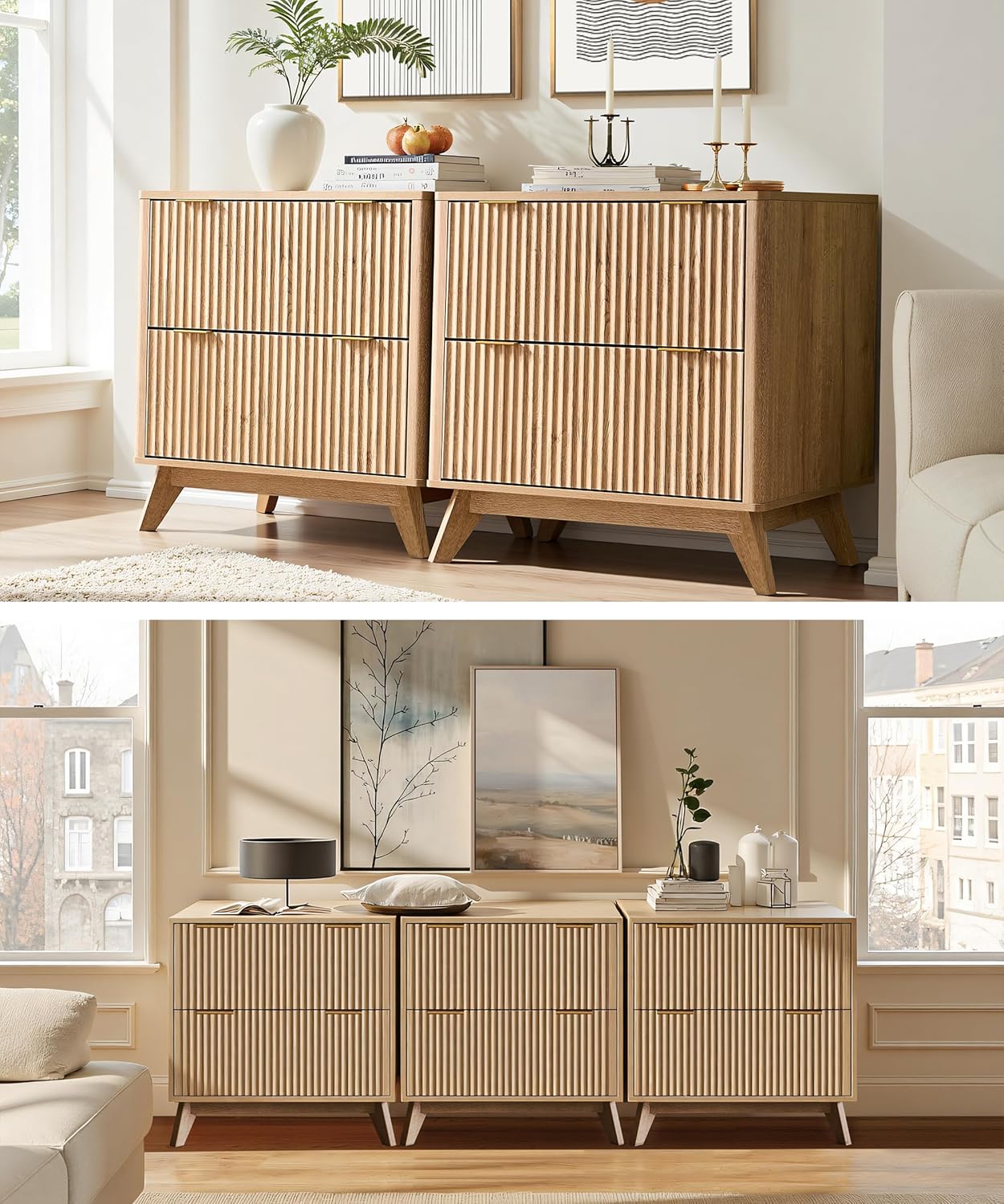 T4TREAM Modern Fluted Wood Night Stand, 30" Tall Bedside Table with 2 Drawers & Large Tabletop, Side Tables Bedroom, End Table for Living Room, Natural Oak
