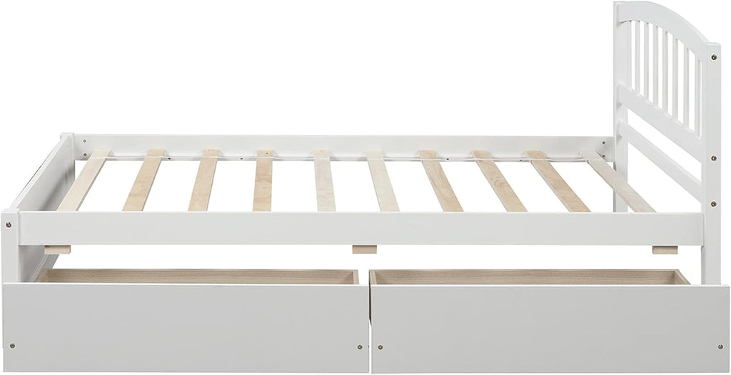 Solid Wood Platform Bed Twin Size with 2 Storage Drawers for Kids,Twin Size Low Platform Bed Frame with Curved Headboard,Footboard and Under Bed Space for Boys Girls Bedroom,Easy Assembly,White