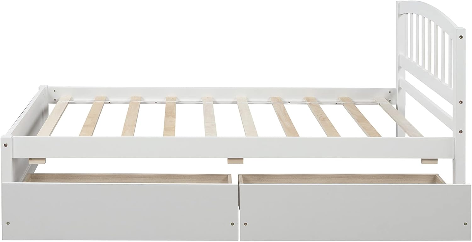 Solid Wood Platform Bed Twin Size with 2 Storage Drawers for Kids,Twin Size Low Platform Bed Frame with Curved Headboard,Footboard and Under Bed Space for Boys Girls Bedroom,Easy Assembly,White