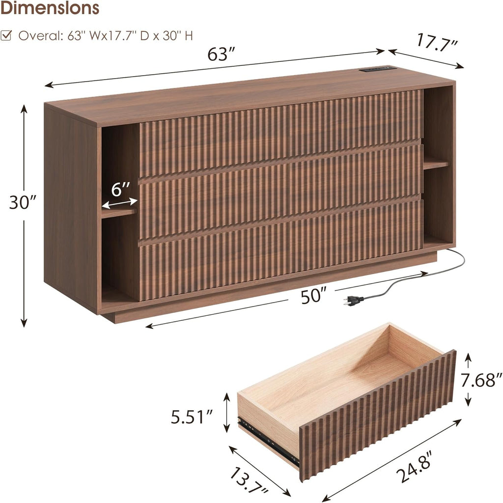 Whalefall 63'' Fluted 6 Drawer Dresser with Shelves, Large Chest of Drawers for Bedroom, Wood Closet Storage Organizer, Modern TV Stand for Living Room, Walnut