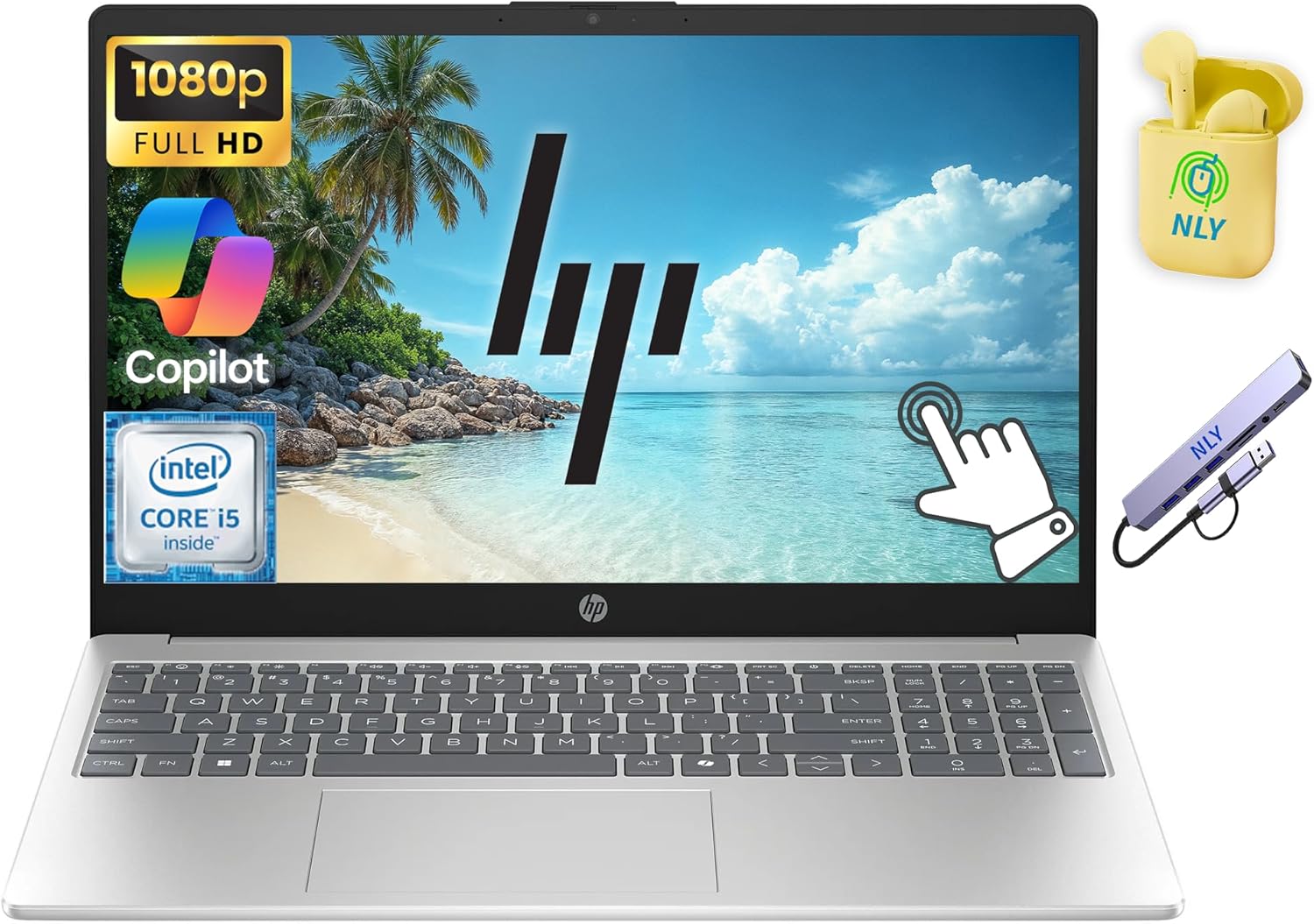 HP 15.6" FHD Touchscreen Business Laptop Computer  Intel 10-Core i5 Processor  16GB RAM 512GB Storage (256GB SSD+256GB Docking Set)  Windows 11  Numeric Keypad  NLY Earphones  Natural Silver