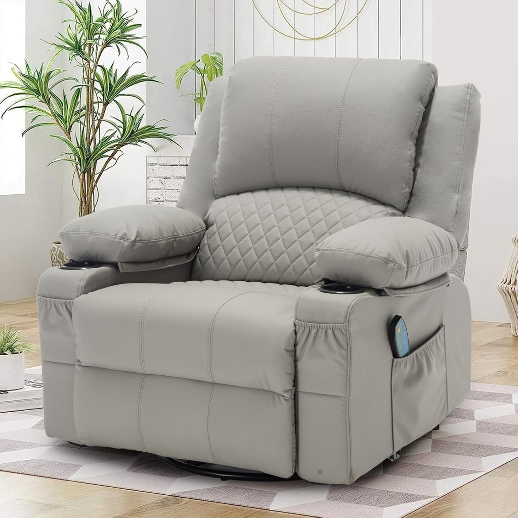 Leather Recliner Chair with Heat and Massage Cup Holder, Thickly Padded Overstuffed Rocking Glider Chair, Swivel Rocker Recliner Chair for Nursery, Grey