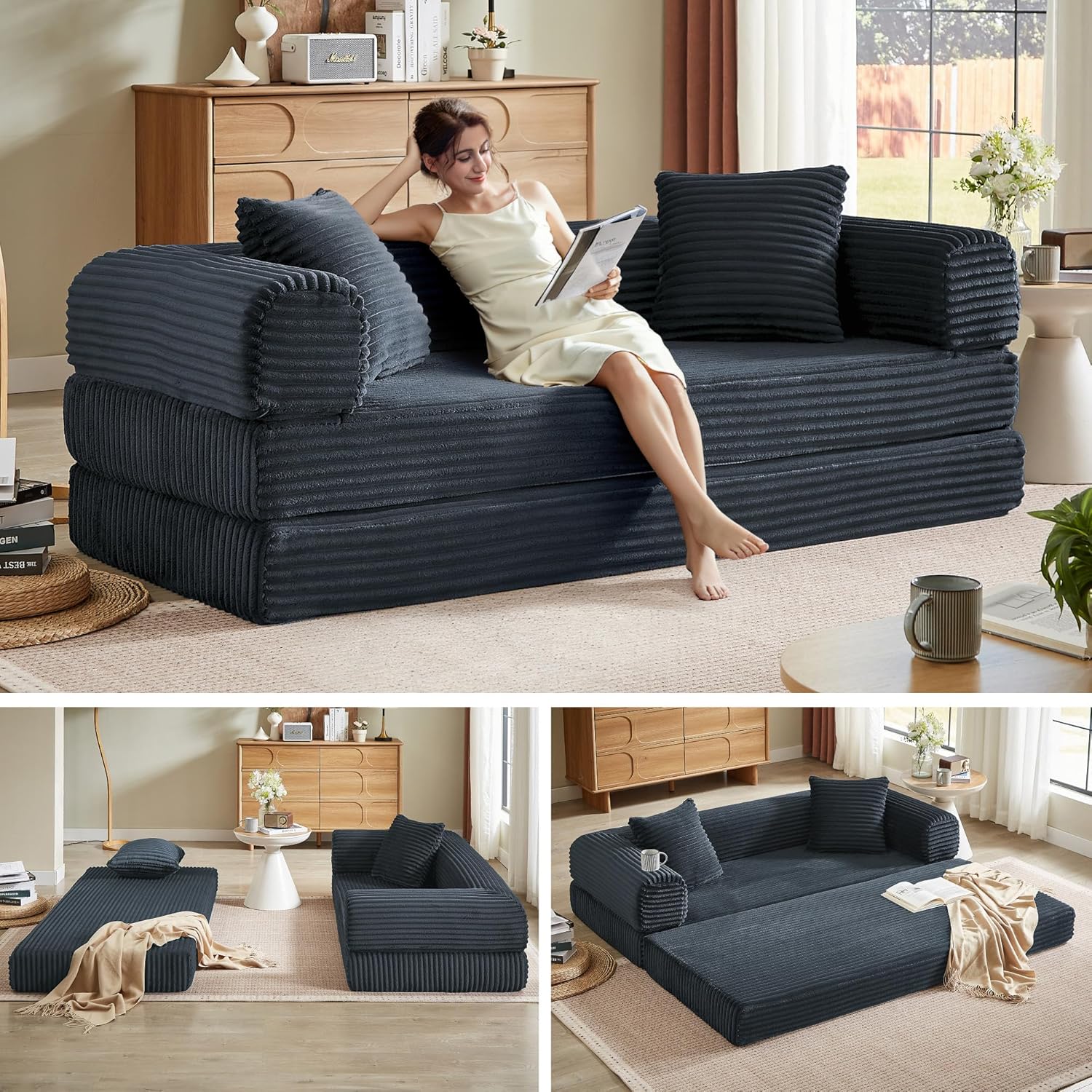 Boneless Couch Futon Sofa Bed Sectional Couches for Living Room,Cloud Couch with Sleeper Sofa,Sofas for Living Room Oversized Corduroy Upholstered (Gray, 76 Inches (No Iron Frame))