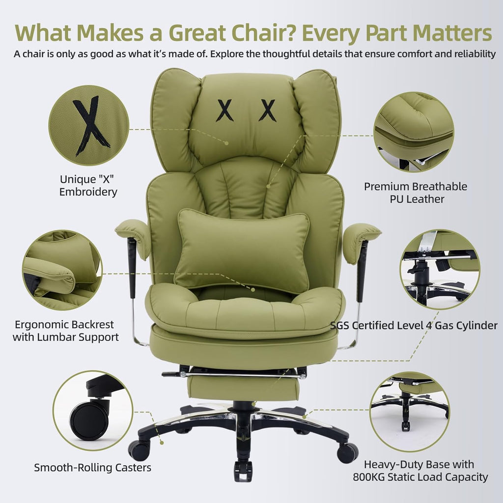 Efomao Big and Tall Office Chair with Footrest – High Back Computer Chair with Adjustable Armrests .Executive Office Chair with Wide Seat, Modern Desk Chair for Home Office, Gaming, or Study, Green