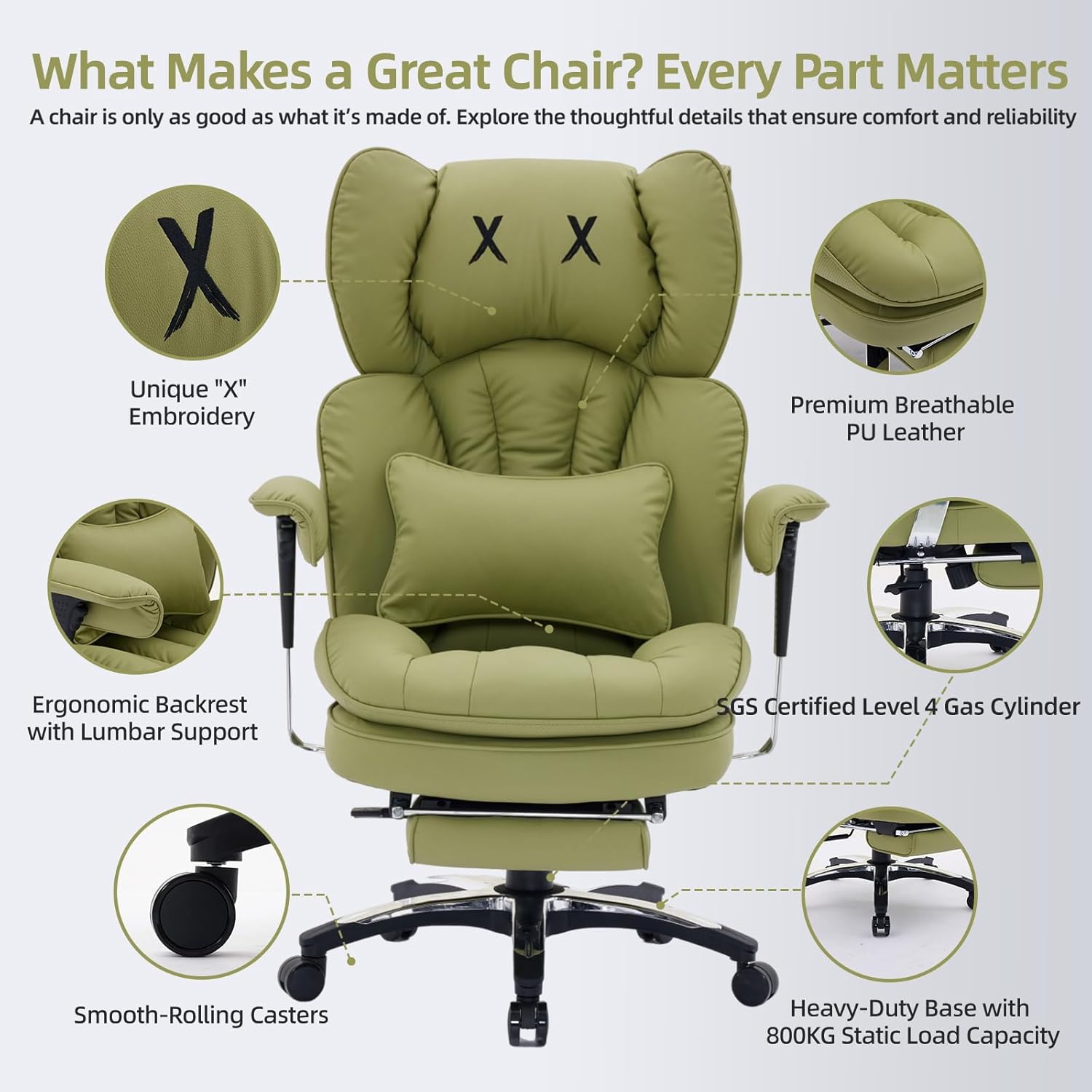 Efomao Big and Tall Office Chair with Footrest – High Back Computer Chair with Adjustable Armrests .Executive Office Chair with Wide Seat, Modern Desk Chair for Home Office, Gaming, or Study, Green