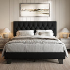 iPormis Upholstered Queen Size Bed Frame with Button Tufted Headboard, Linen Platform Bed with Thickened Support Legs, No Box Spring Needed/Noise-Free/Easy Assembly, Black