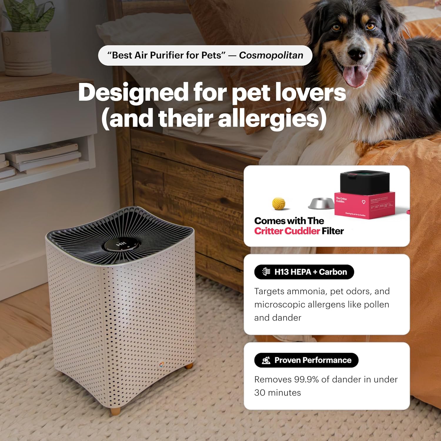 Mila Air Mini Smart Home Air Purifier with Critter Cuddler H13 HEPA & Carbon Replacement Filter, Reduces Pet Odors, Removes Dust & Pet Dander, Ideal for Large Room or Bedroom, Quiet-Mode
