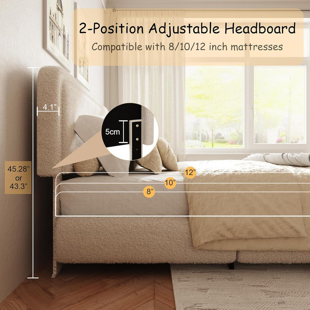 Queen Size Boucle Bed Frame, Upholstered Platform Bed with Height Adjustable Headboard & Soft Rounded Corners, Noise Free, Easy Assembly, No Box Spring Needed, Beige