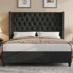 Jocisland Queen Size Bed Frame with 51.6” Wingback Tufted Velvet Headboard, Modern Upholstered Platform Bed, No Box Spring Needed, Easy Assembly, Black