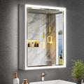 Beveled Lighted Medicine Cabinet with Mirror & Lights -20x26 Surface or Recessed Mirrored Medicine Cabinet with Outlet & Clock, Anti-Fog Dimmable LED Storage Cabinet, Built-in Sensor Light
