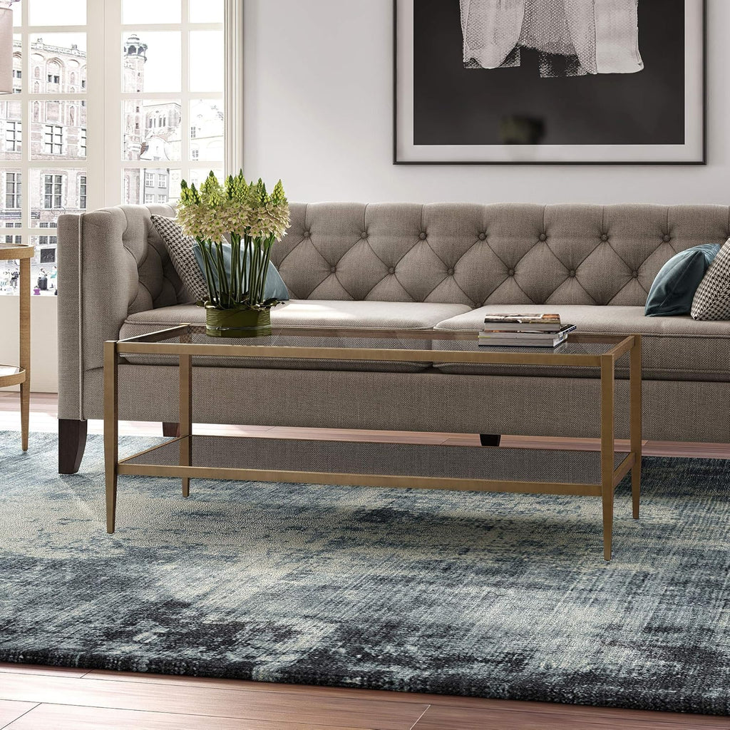 Henn&Hart 45" Wide Rectangular Coffee Table with Mirror Shelf in Brass, Coffee Table coffee tables for living room, studio apartment essentials